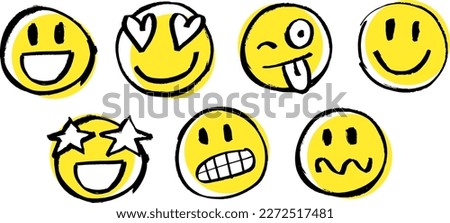 Emojis, emoticons, vector illustration. Isolated on white background. 3 colors. Characters with different reaction faces, joy, love, smile, fear, expressions drawn with marker pen. Free hand scribble