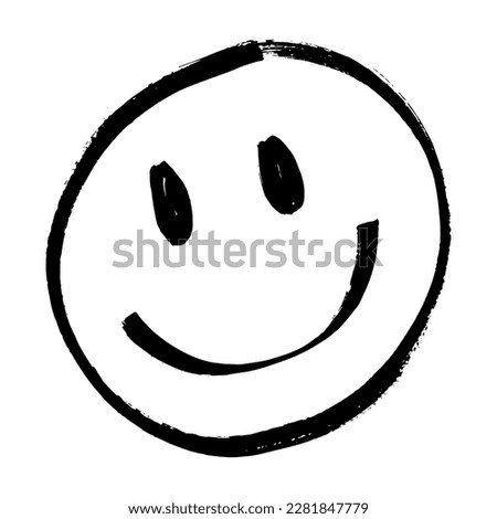 Happy face vector, emoji, expression. Irregular shapes made with marker pen, brush. Black smiley on isolated white background. Illustration of different facial expressions: joy, happiness. Free-hand.