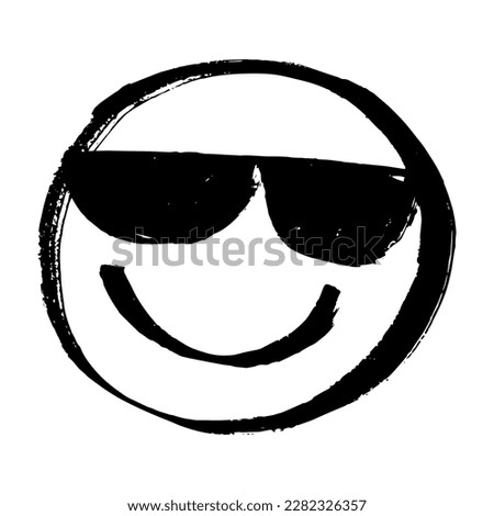 Smiling Face with Sunglasses. Happy, vector peaceful emoji with glasses. Hand drawn with marker pen, sketches, black rustic drawing isolated on white background, scribble. Expression of tranquility.
