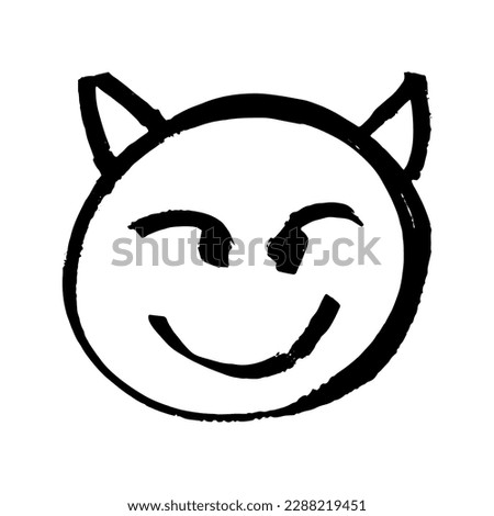 Emoji Smiling Face with Horns, Devil. Hand-drawn with marker pen, Black isolated on white background, jagged strokes, draft, scribble. Vector illustration.