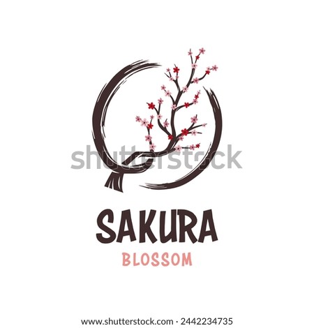 Sakura cherry tree blossom in enso zen circle vector image. Blossoming branch of oriental cherry in black enso logo vector.
