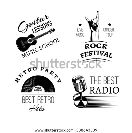 Music vintage retro label and badge. Guitar, violin, harp, gramophone, microphone, hand in rock, drum and drumsticks. Vector illustration