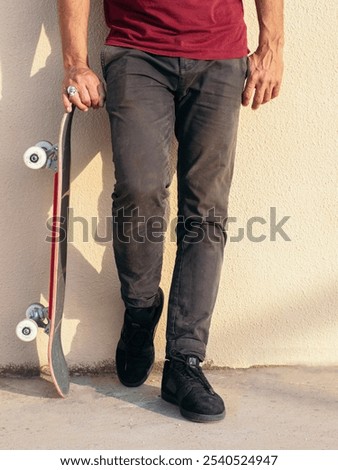 Similar – Image, Stock Photo Unrecognizable man with skateboard and backpack in city