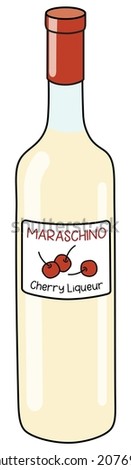 Traditional Italian bitter marasca cherry Maraschino liquor in bottle. Doodle cartoon hipster style vector illustration. For party card, posters, bar menu or alcohol cook book recipe