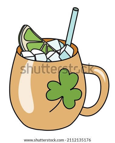 Saint Patricks Day special Irish Moscow mule cocktail with lime in copper mug. Doodle cartoon vector illustration isolated on white background. For greeting card, party poster, invitation or sticker
