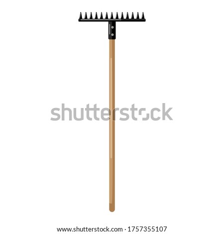Rake on white background isolated. Metal rake with wooden hand in style flat. Garden tool vector illustration design. Stock fotó © 