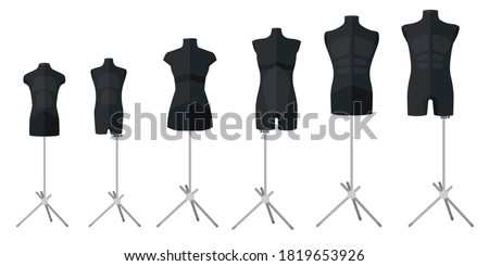 Set tailor mannequins black color on white background. Mannequins form body women, men and children. Silhouette people in style flat vector illustration.