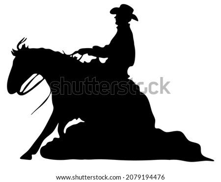 Black and white vector flat illustration: Sliding stop, reining western horse and rider silhouette