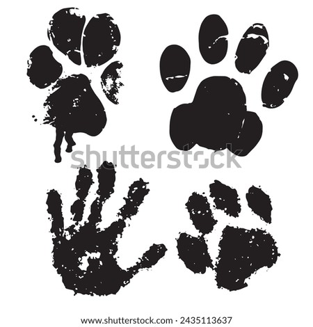 Vector animal paw print stamp: dog and human hands set