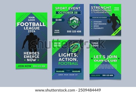 social media post template for sport, amercian football league, neon green and blue