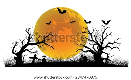 background halloween with fullmoon, bat, tree, grave, pumpin, elements for halloween greeting card, vector illustration