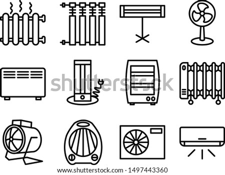  Set icons of heaters, household appliances on a white background. Radiator, heater, heat system line icon. Heating  silhouette icons for web and mobile, modern minimalist flat design