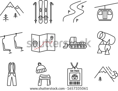 Holiday ski resort icon set. Ski,  mountains, piste, tree, funicular, chair lift, map, snow cannon. Design for tourist catalog, maps of the ski slopes, placard, brochure, flyer, booklet.