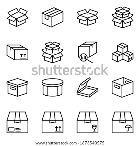 Box flat line icon set. Carton, wood boxes, product package, gift vector illustrations. Simple outline signs for delivery service. Pixel perfect.