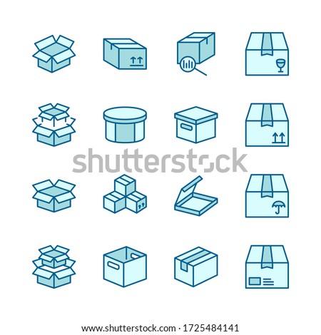 Box flat line icon set. Carton, wood boxes, product package, gift vector illustrations. Simple outline signs for delivery service. Pixel perfect.