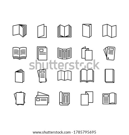 Brochure, booklet, flyer, leaflet, catalogue flat line icons. Outline set vector icons for web design isolated on white background. Editable stroke.