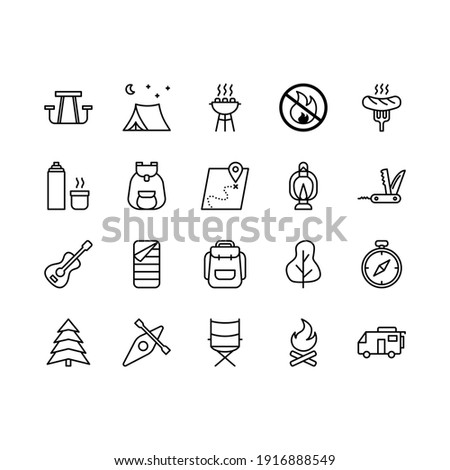 Camping, travel and picnic icons set. Line style icons for web and ui desig. Contains such as tent, compasses, mountain and other camping equipment. Suitable for campsites, camp fires and adventures. 