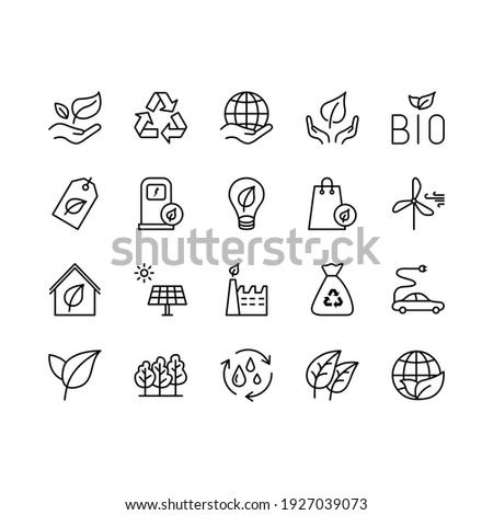 Ecology and Environment related line icon set. Nature and Renewable Energy simple symbol. Contains such as Environment, Eco, Alternative Power, Recycle, Water Drop and more. Editable stroke.