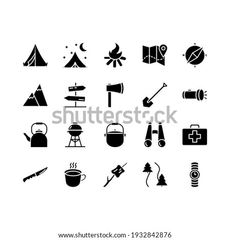 Camping, travel and picnic icons set. Line style icons for web and ui design. Contains such as tent, compasses, mountain and other camping equipment. Suitable for campsites, camp fires and adventures.