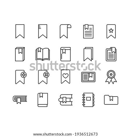 Bookmark vector icons set. Set includes icons as favorite website bookmark, folder, document, page, book, flag, star. Black illustration isolated for graphic and web design. Editable stroke