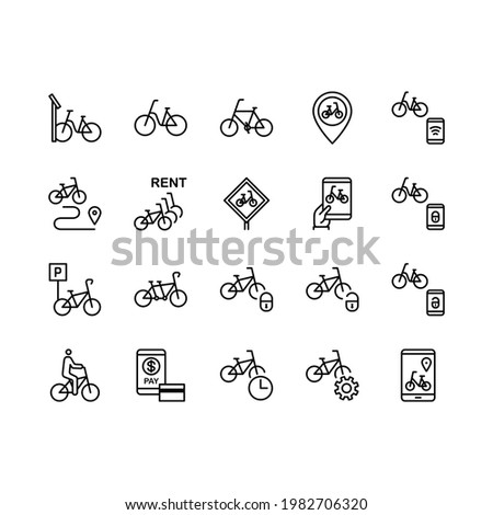 Bike sharing flat line icons set. Urban transportation, rent a bike, bicycle parking, bike rental app, padlock. Simple flat vector illustration for store, web site or mobile app. Editable stroke.