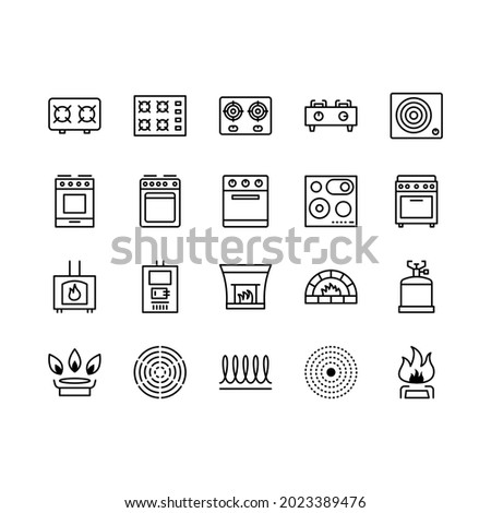 Stove flat line icons set. Contains such Icons Burner, Oven, Cooker, Camping gas, wood burning stove, brick oven. Simple flat vector illustration for web site or mobile app.