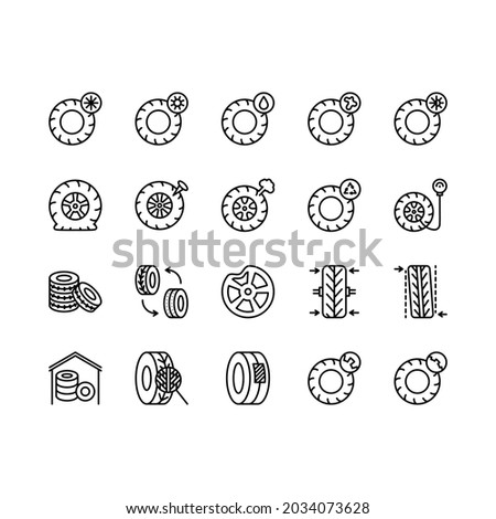 Tire, Tyre and wheel flat line icons set. Car wheel summer and winter icon. Tyre maintenance. Automobile wheel balancing service. Simple flat vector illustration for web site or mobile app.