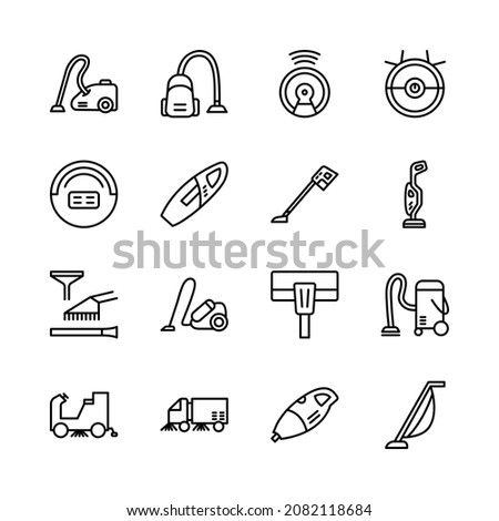 Vacuum cleaner flat line icon set. Different types hoover - industrial, household, Robot Vacuum. Simple flat vector illustration for web site or mobile app.