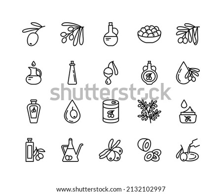 Olive products flat line icons set. Fresh tree fetuses and olive oil in bottles and jugs. Simple flat vector illustration for web site or mobile app.