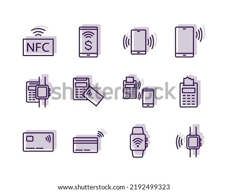NFC payment flat line icons set. Vector sign of smartphone and card NFC paying with POS terminal. Simple flat vector illustration for store, web site or mobile app.