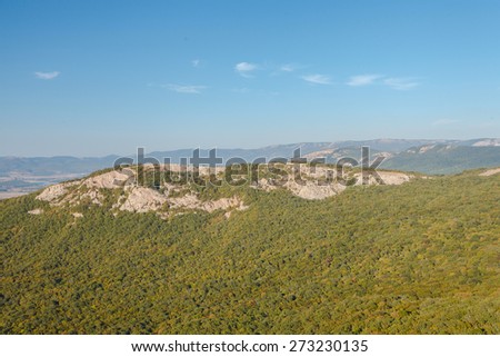 Summer mountain landscape: 681m Ilyas-Kaya and Sun Temple. View of Cape Aya, near Laspi, Crimea, Russia. Ukraine