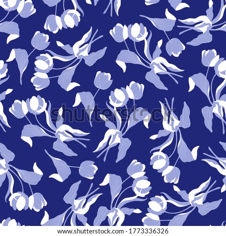 Tulips vector seamless pattern for fabrics and wrappers. Blue stylish monochrome print for digital printing.