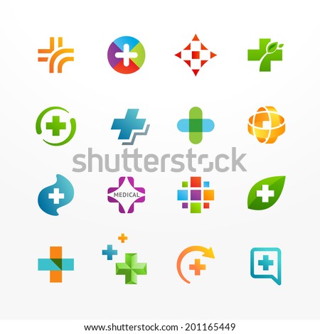 Vector set of medical logo icons with cross. Collection of signs with plus symbol.