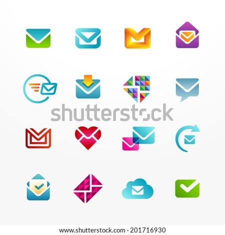 Vector logo icon set based on envelope symbol. Collection of colorful e-mail signs.