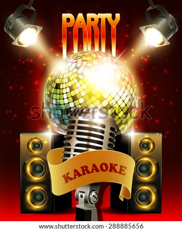 Karaoke party  background with audio speakers, disco ball, spotlight, retro microphone and sparkles.