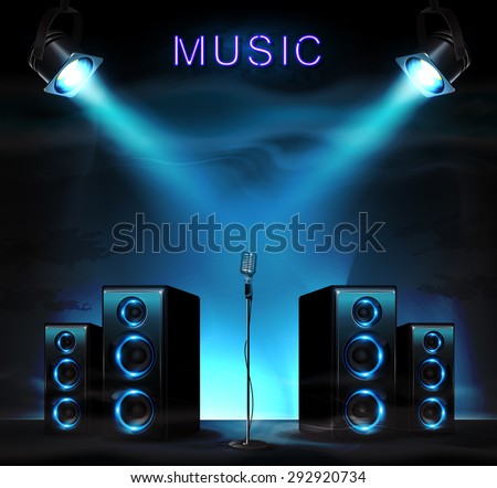 Stage with audio speakers, microphone, spotlight and sparkles. Music background.