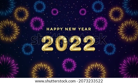 Editable realistic 2022 number balloon with Brightly Colorful Fireworks on Dark Blue Background with sparkling light. Happy New Year Firework Vector Illustration. Festival Fireworks Banner