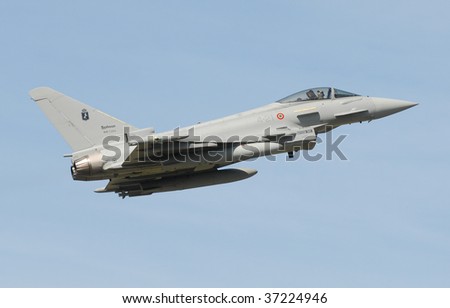 April 2008 Italian Air Force Eurofighter EF2000 Typhoon supersonic jet fighter aircraft takes-off from Decimomannu air base in Sardinia during Exercise Spring Flag