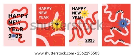 New year 2025 and year of the snake graphic card template for holiday greeting with a simple numeric, modern, and minimal design featuring red, pink, blue, yellow tones