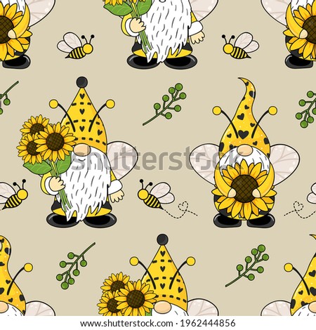 Seamless pattern with gnomes, bees and sunflowers. Cute baby print. Seamless pattern with gnomes. 商業照片 © 