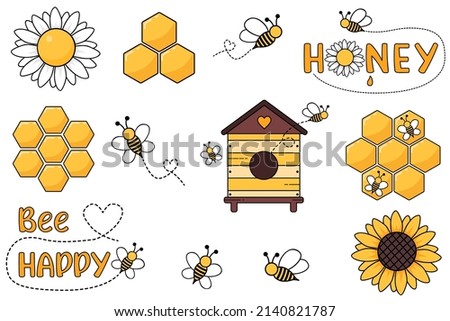 Honey icons set. Honey set. Flat set of honey vector icons. Collection of beekeeping. Cartoon apiary set. Illustration of bees, beehive and honeycombs. Vector drawing of honey for children.