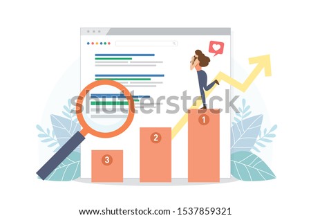 Happy woman stand on SEO top ranking dock. Google search screen with magnifier . Vector illustration flat design style. SEO, Search Engine Optimization, Top ranking Concept. Foto d'archivio © 