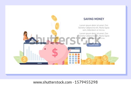 Invesment or digital saving money concept for landing page. Woman sit on calculator with falling coins on piggy bank and laptop. Vector illustration flat design style.