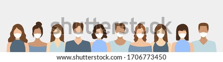 Group of People in white medical face mask to prevent disease, flu, air pollution, contaminated air, world pollution. Concept of coronavirus quarantine vector illustration. Covid-19 Prevention vector.