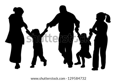family with tree children having fun,playing, running, silhouette vector