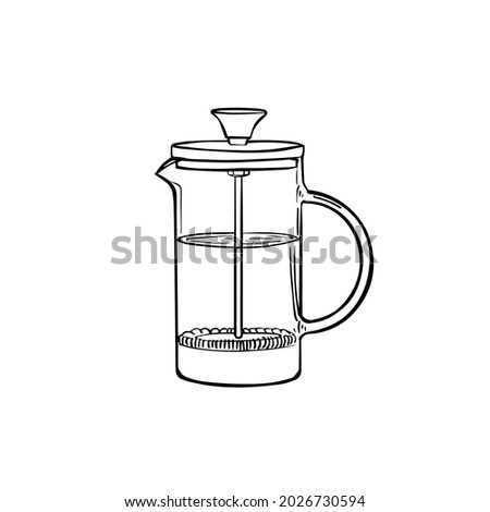 Hand Drawn Coffee-Maker-French-Press Black and white drawing with line-art on white backgrounds.