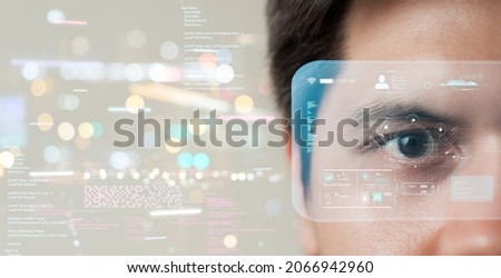 The metaverse universe, Man wearing augmented reality on virtual screen future technology, The real world with the virtual world overlapped, transformed into the virtual world.