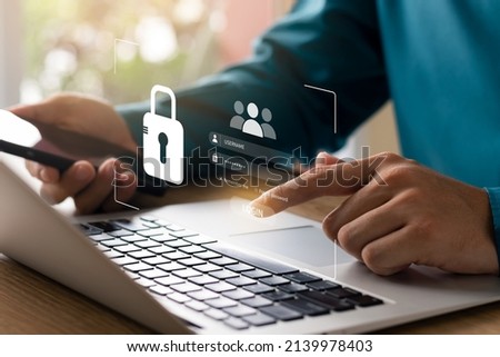 Cybersecurity and privacy concepts to protect data. Lock icon and internet network security technology. Businessmen protecting personal data on laptops and virtual interfaces. Foto d'archivio © 