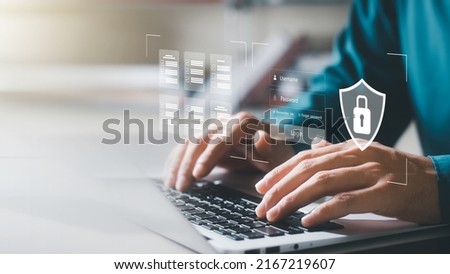 cybersecurity concept Global network security technology, business people protect personal information. Encryption with a padlock icon on the virtual interface. Foto d'archivio © 