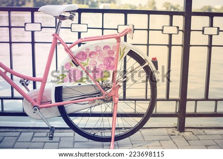 Vintage pink bicycle with flower basket